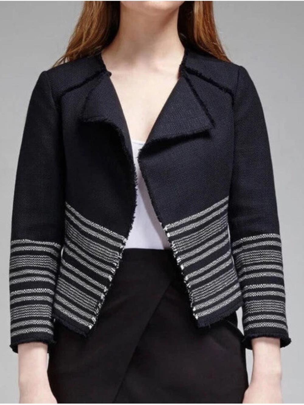 Joie | Carver D Jacket Women's Size Medium Navy Blue Frayed Hem Open Front Tweed